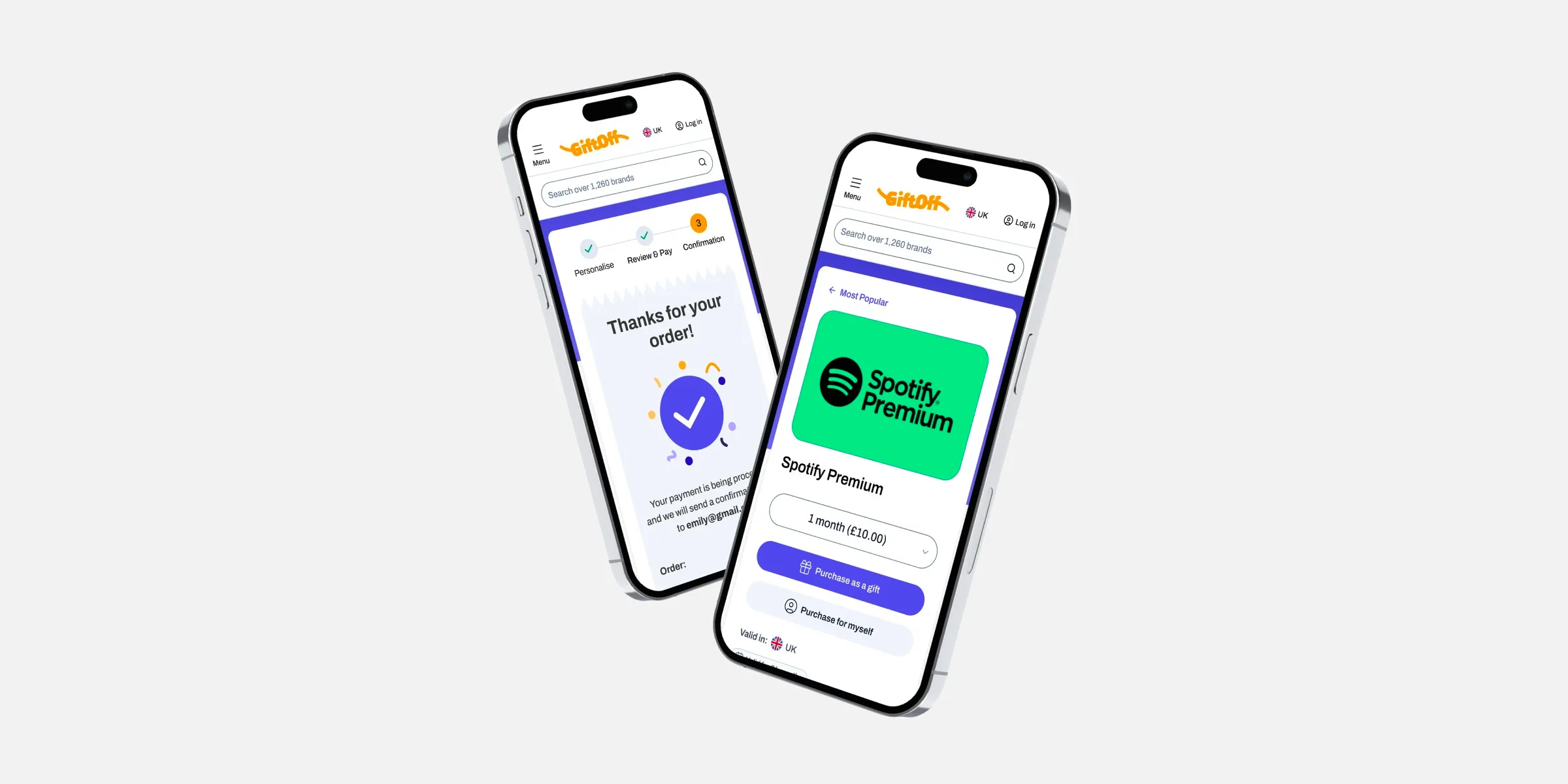 Two smartphones display screens from Gift Off, a gifting platform’s e-commerce app, featuring a "Thanks for your order" confirmation and a Spotify Premium gift card option on a clean white background.